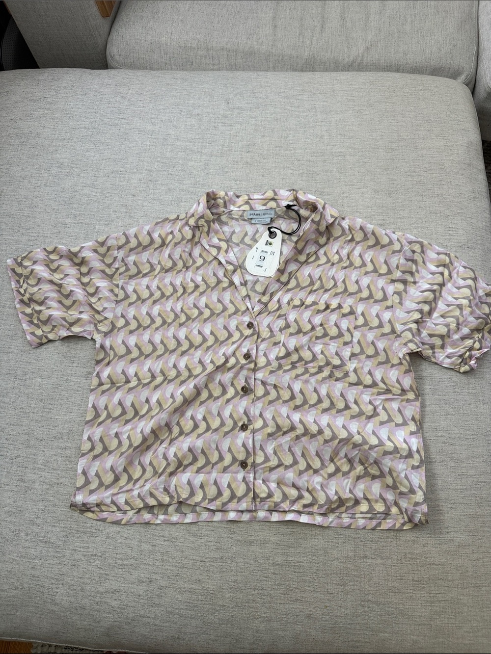 Prana Short Sleeve Button-Down Shirt in Lavender, Brown, Cream Geometric Print
